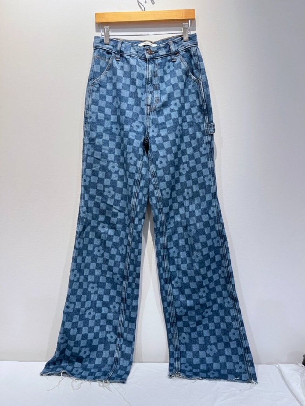 PacSun Wide Leg Carpenter Checked Floral Laser Print Denim Jeans 25
